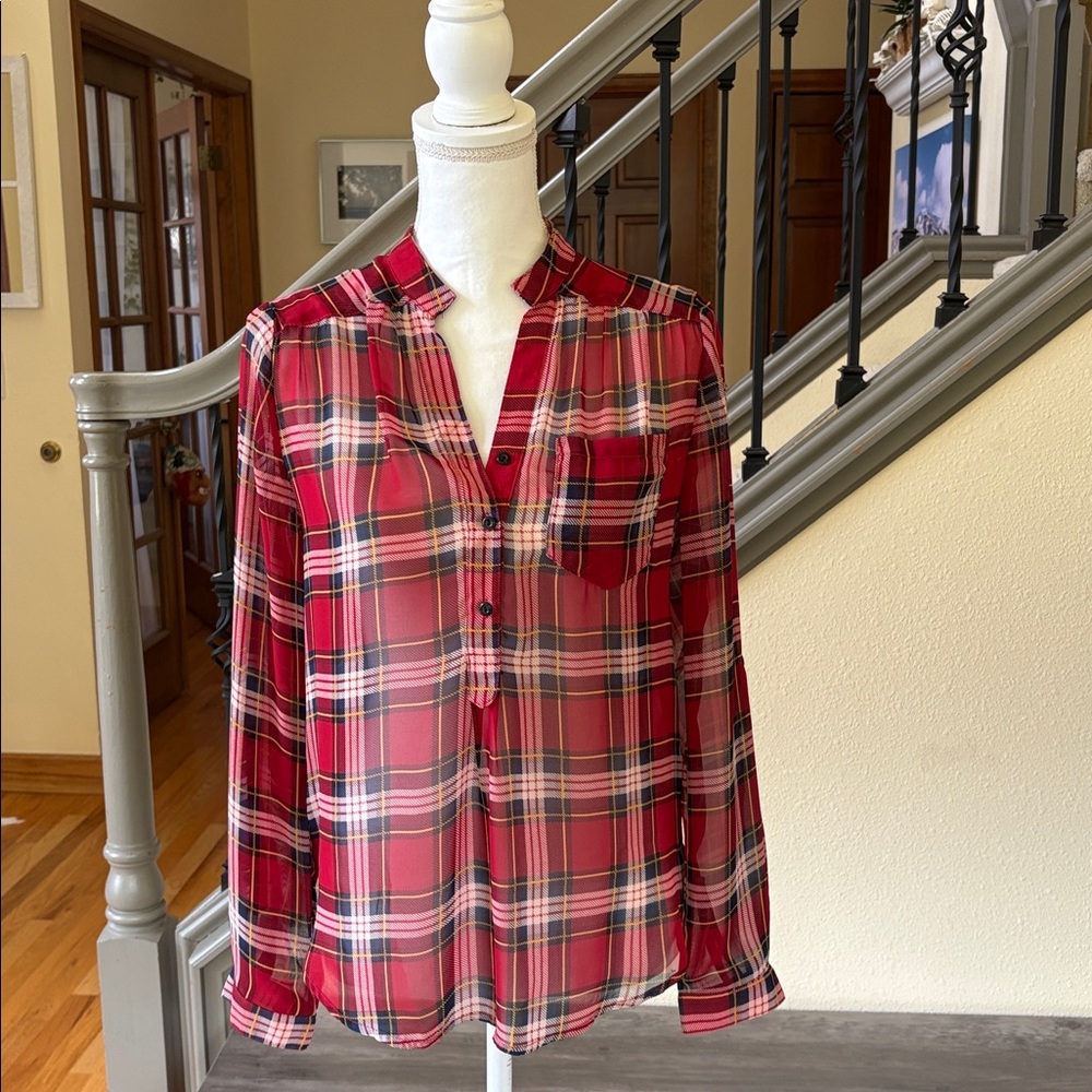 Fun 2 Fun Red and Blue Semi Sheer Plaid Blouse Size Small